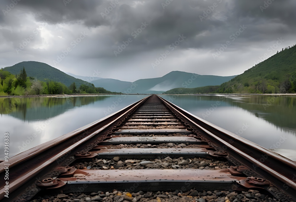 Fototapeta premium Railroad Tracks Leading to Mountains and Lake.