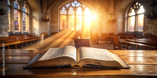 Open Holy book with ancient scripture on wooden desk in church with sunlight in background, holy book, ancient