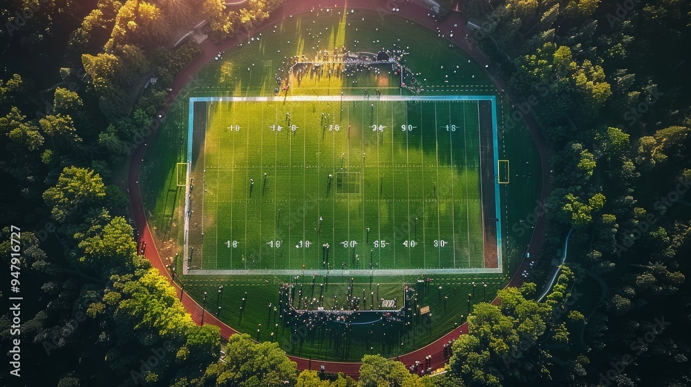 Aerial view of American football stadium surrounded by trees at sunset Aerial view of American football stadium surrounded by trees at sunset