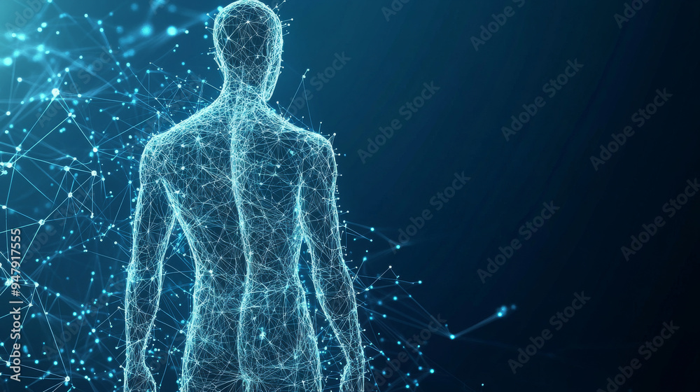 Abstract human body silhouette on a blue backdrop. Polygonal upper torso of an adult male, composed of geometric shapes, particles, lines, and interconnected points. Digital representation for health Abstract human body silhouette on a blue backdrop. Polygonal upper torso of an adult male, composed of geometric shapes, particles, lines, and interconnected points. Digital representation for health
