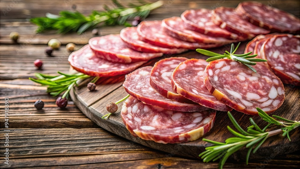 Slices of traditional Italian salami , Salami, Italian, Charcuterie, Meat, Delicacy, Sliced, Appetizer, Food, Gourmet