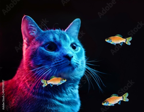 neon Cat with Fish on black background, black friday and cyber monday sale concept photo