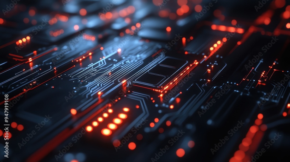 Futuristic Circuit Board with Glowing Red and Blue Lights Representing Advanced Technology and Innovation Futuristic Circuit Board with Glowing Red and Blue Lights Representing Advanced Technology and Innovation