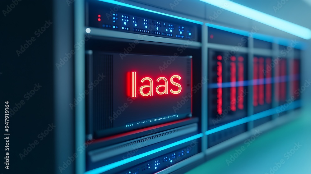 Modern data center with IaaS technology, showcasing illuminated server rack for cloud infrastructure service. Modern data center with IaaS technology, showcasing illuminated server rack for cloud infrastructure service.