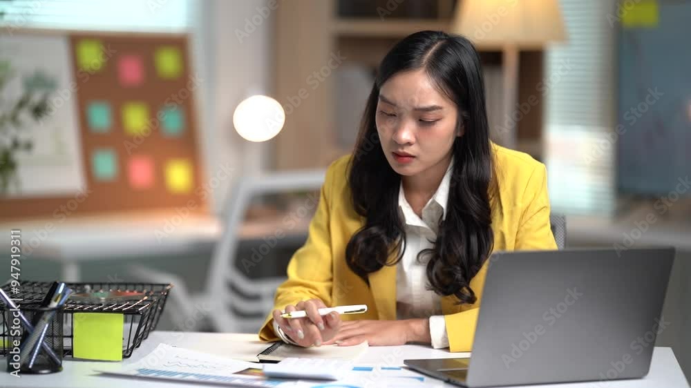 Asian businesses women working in the office used laptop and smartphone at her dest Asian businesses women working in the office used laptop and smartphone at her dest