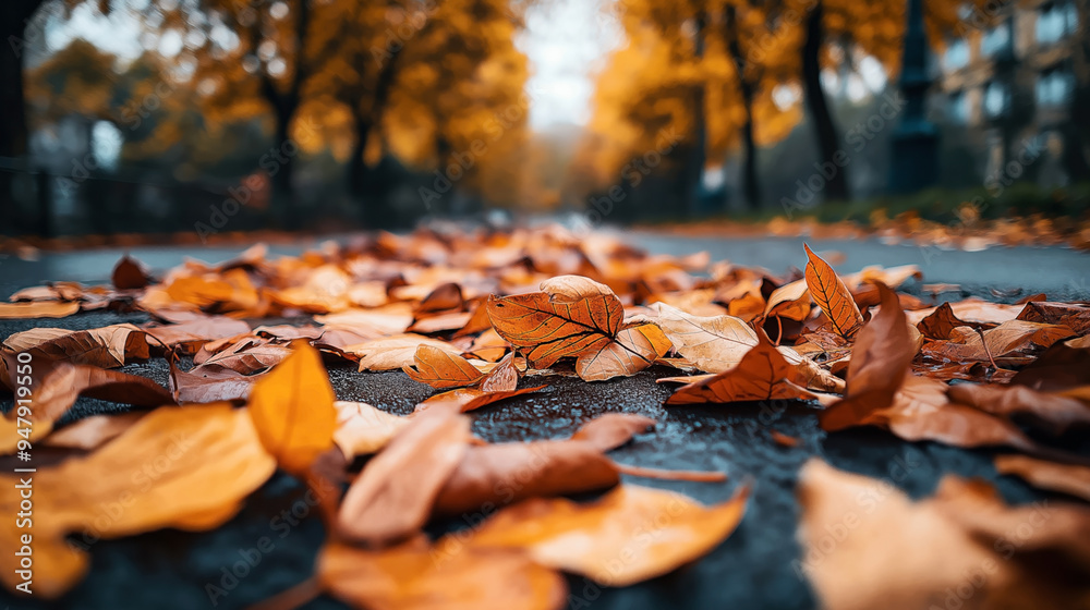 Fototapeta premium Close-up view of fallen autumn leaves on a pavement with a blurred background of trees in a park.