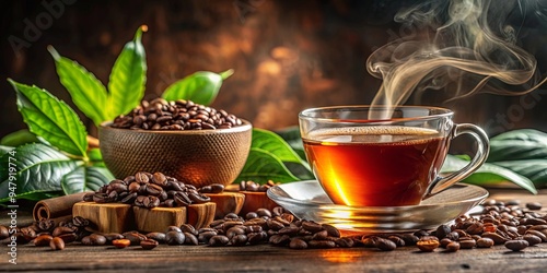 Hot tea and coffee served with fresh tea leaves and coffee beans, beverage, hot drink, tea, coffee, drink, refreshment, hot