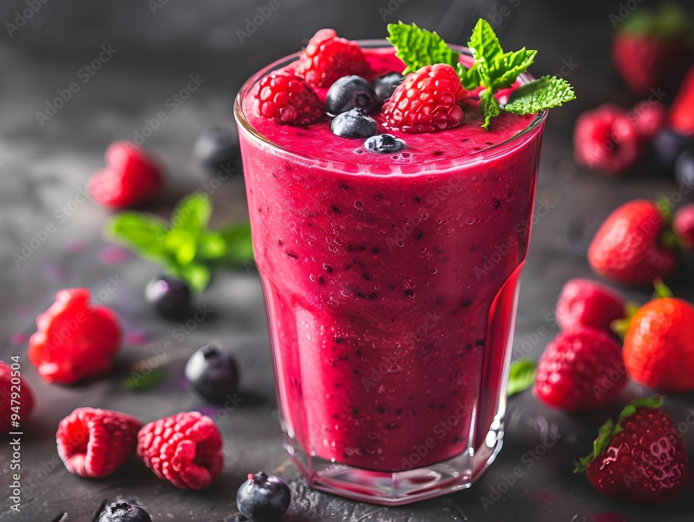 Refreshing berry smoothie with raspberries and blueberries garnished with mint leaves, served on a dark surface Refreshing berry smoothie with raspberries and blueberries garnished with mint leaves, served on a dark surface