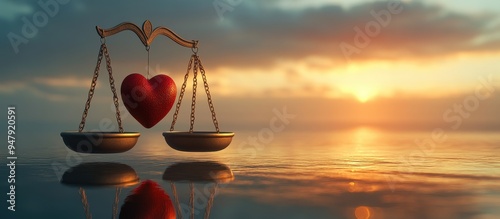 Heart-Shaped Object Balancing on Scales Over Water at Sunset - Symbol of Love and Balance photo