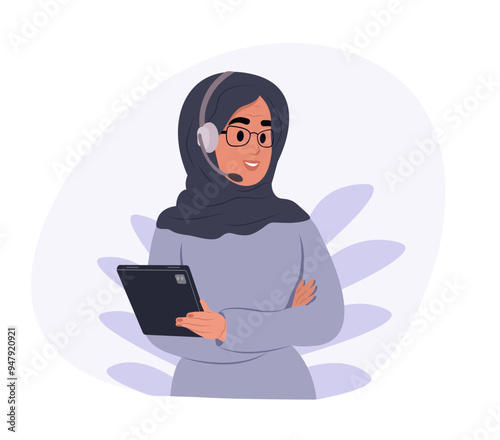 Muslim operator woman agent with headsets working in a call centre. Customer service. Vector illustration in flat style