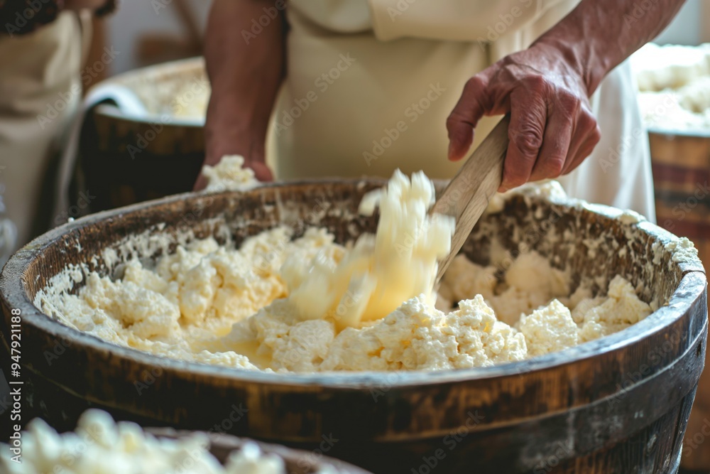 Cheesemaker is using a wooden spoon to stir curds in a large wooden barrel, creating the perfect texture for cheese Cheesemaker is using a wooden spoon to stir curds in a large wooden barrel, creating the perfect texture for cheese