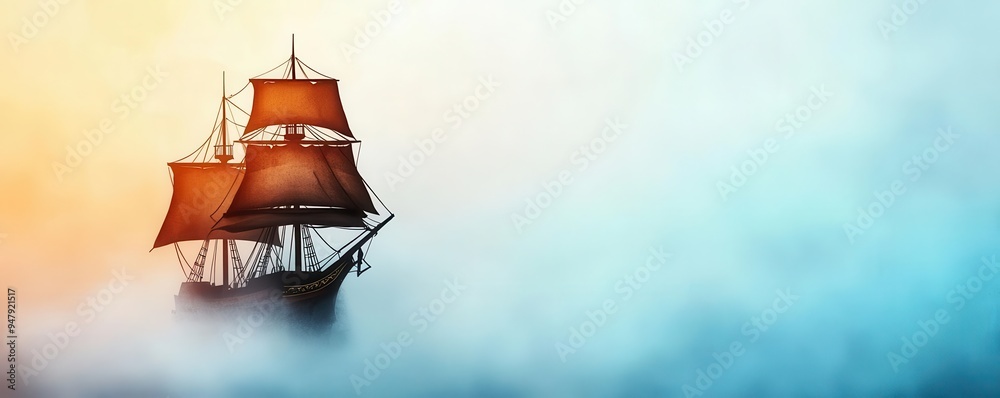 Fototapeta premium Ghostly pirate ship, emerging from the depths, eerie fog, Watercolor style