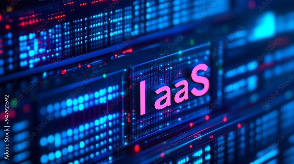 Technology infrastructure concept represented by IaaS in bright neon text over a background of digital data storage servers. Technology infrastructure concept represented by IaaS in bright neon text over a background of digital data storage servers.
