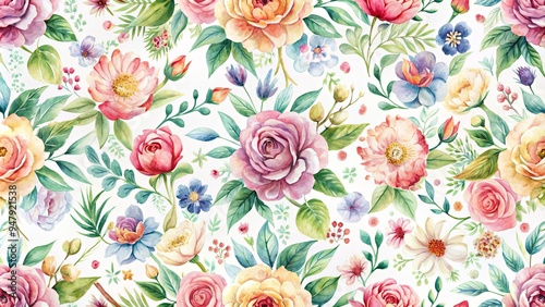 Seamless background with watercolor floral pattern including flowers and leaves