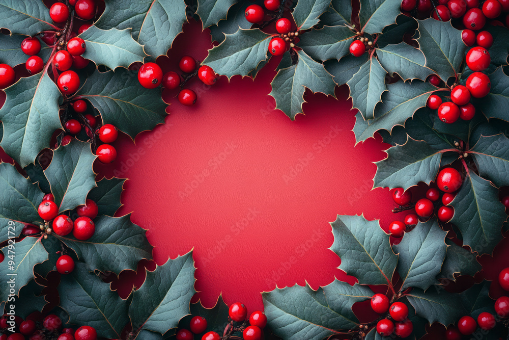 Abstract holly leaves spreading across a pale red background, Abstract holly leaves spreading across a pale red background,