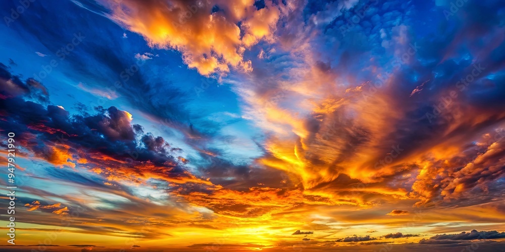 Fototapeta premium Summer sunset sky landscape panorama with colorful clouds in blue, red, yellow, and orange hues , sunset, sky, landscape, panorama
