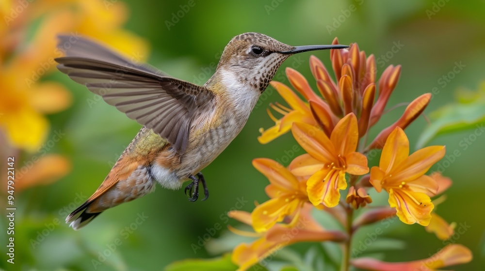 Fototapeta premium Rufous hummingbird feeding on vibrant Crocosmia flowers in nature