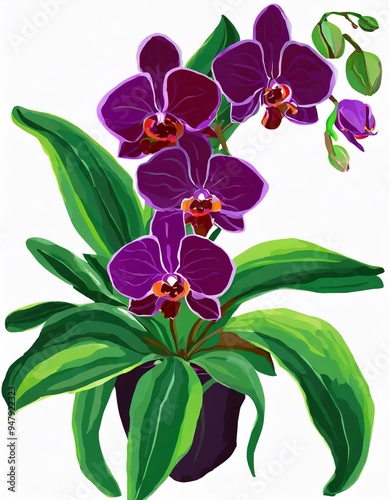 Watercolor illustration of a bouquet of purple Phalaenopsis orchids. There are both buds and flowers on a white background.