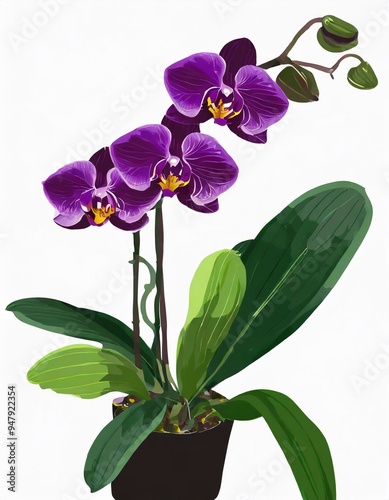 Watercolor illustration of a bouquet of purple Phalaenopsis orchids. There are both buds and flowers on a white background.
