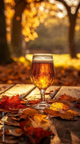 Glass of beer resting on table with autumn leaves