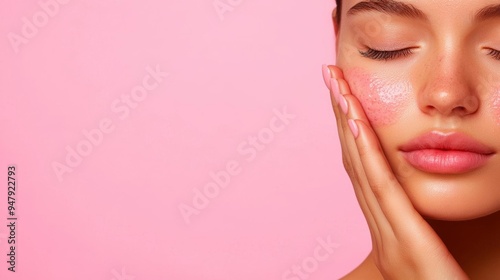 Teenage girl with acne on her cheeks, holding her hair back to show her skin photo