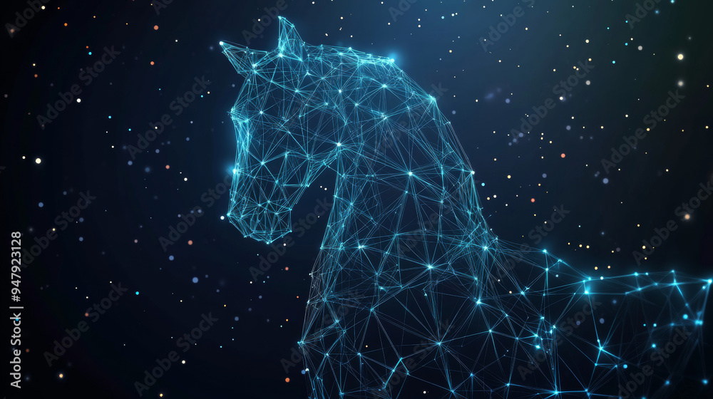 Abstract mesh network of lines and points depicting a chess horse in origami style on a white background, with text. Starry sky or space theme. Vector illustration of strategy.