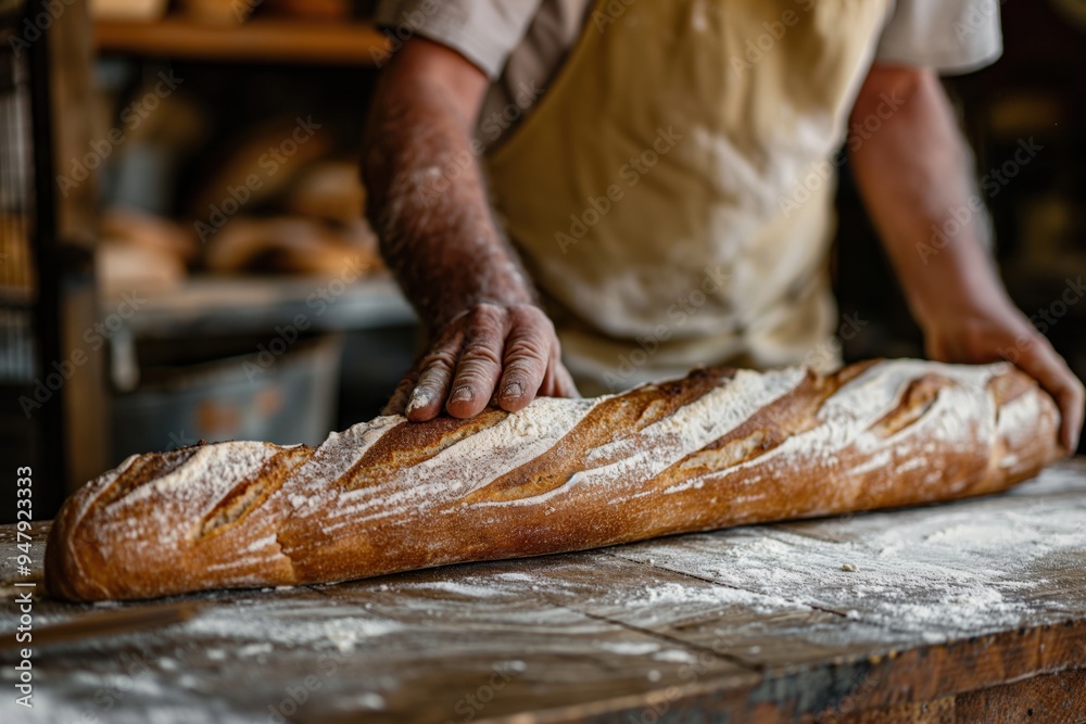 Baker gently places a freshly baked, long baguette on a rustic wooden table dusted with flour, in a traditional bakery Baker gently places a freshly baked, long baguette on a rustic wooden table dusted with flour, in a traditional bakery