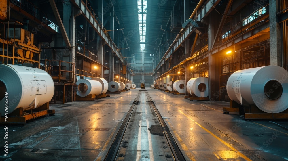 Fototapeta premium Industrial Giants Massive Paper Rolls in Motion at a Modern Paper Mill