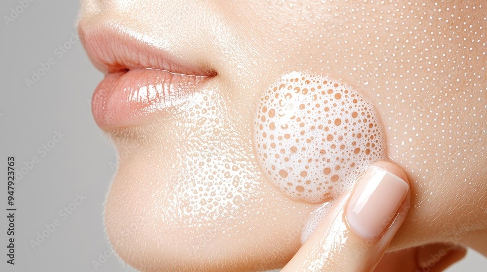 Fototapeta premium Teenage girl with acne on her cheeks, using a gentle facial cleanser