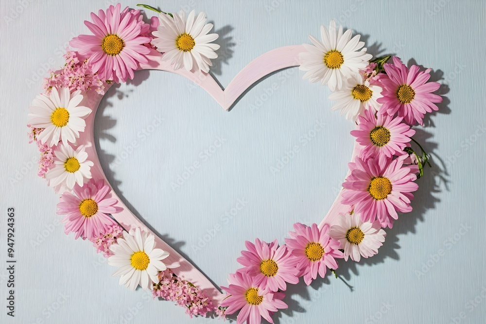 Heart shape copy space with pink daisy flowers. Valentines or woman's day background design. Minimal flat lay nature Heart shape copy space with pink daisy flowers. Valentines or woman's day background design. Minimal flat lay nature
