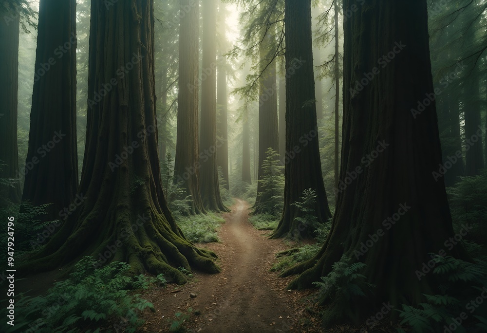 Fototapeta premium Winding Dirt Path Through Towering Trees in Lush Green Wilderness