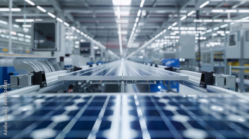 Naklejka premium Renewable Revolution Precision Assembly of Solar Panels in EcoFriendly Facility