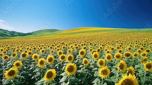 A vast expanse of vibrant sunflower fields, their yellow faces turned towards the sun, with a deep blue sky as the backdrop. photo