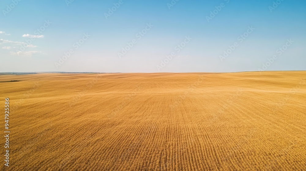 Aerial view of endless golden wheat fields under a clear blue sky, with gentle waves in the crops from a light breeze. Aerial view of endless golden wheat fields under a clear blue sky, with gentle waves in the crops from a light breeze.
