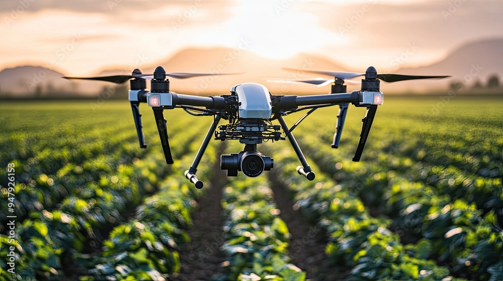 Close-up of a high-tech drone hovering above crops, with sensors and sprayers visible, illustrating modern agricultural automation. Close-up of a high-tech drone hovering above crops, with sensors and sprayers visible, illustrating modern agricultural automation.