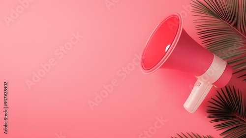 Vibrant pink megaphone surrounded by palm leaves, perfect for announcements, marketing, and promotions in a tropical setting. photo