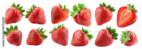 Fresh strawberries whole and halved with vibrant red color isolated on transparent background