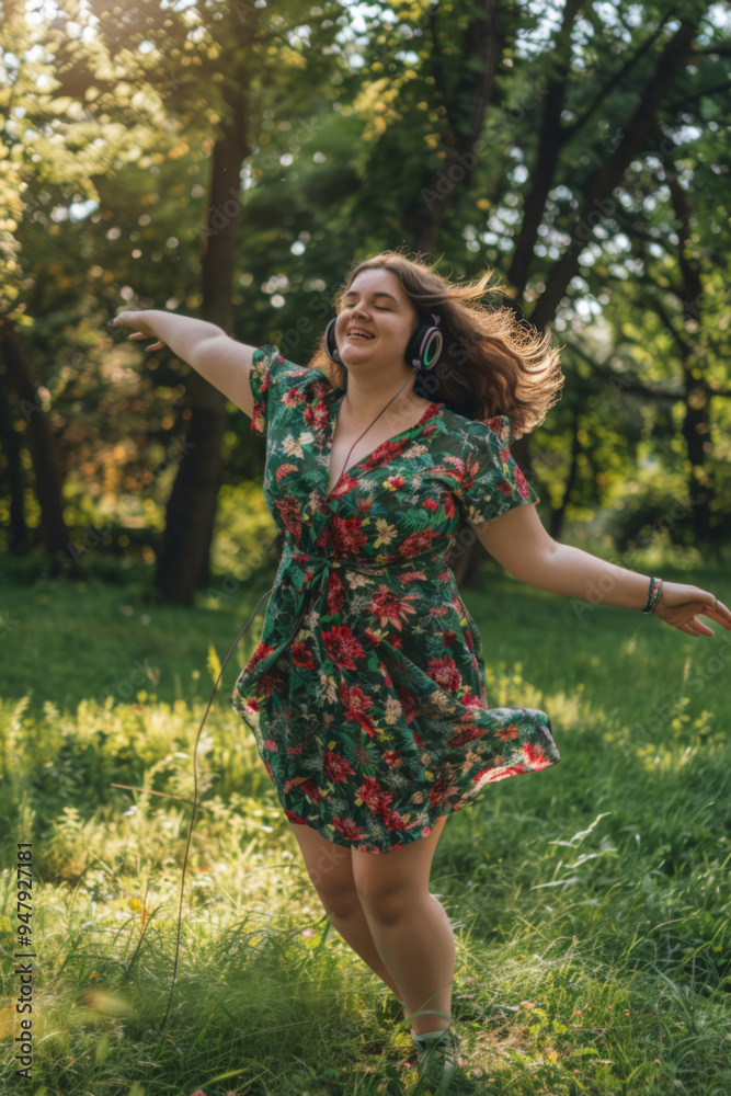 Joyful Woman Dancing Outdoors with Headphones Joyful Woman Dancing Outdoors with Headphones