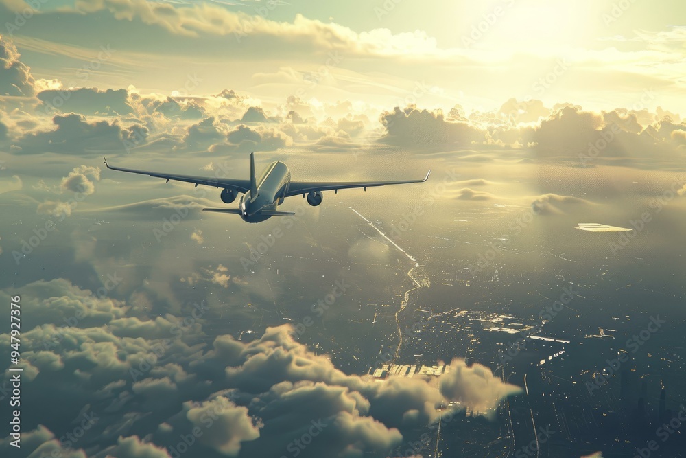 Naklejka premium Passenger airplane is flying over a city at sunset