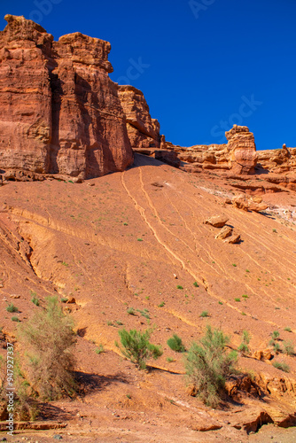 Charyn Canyon, Valley of Castles. The excellence of Kazakhstan. Panorama of natural unusual landscape. The red canyon of extraordinary beauty looks like a Martian landscape.