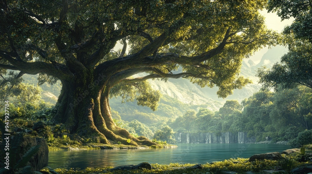 Big tree with intricate branches, captured in various moments, standing gracefully in a serene rest area with a realistic background Big tree with intricate branches, captured in various moments, standing gracefully in a serene rest area with a realistic background