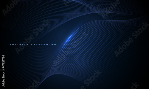 Abstract dark blue vector background with glowing blue wavy lines.