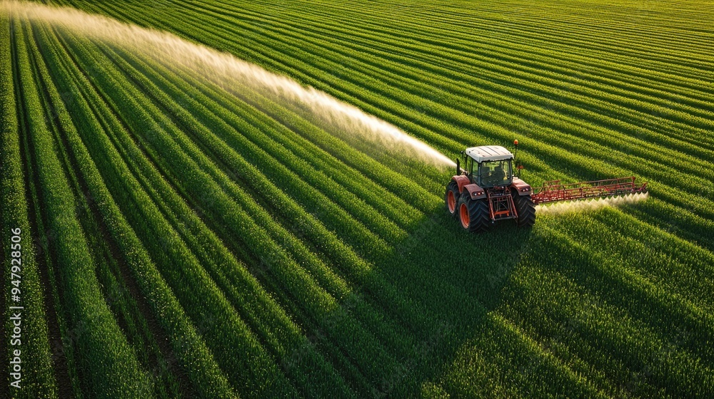 Side view of a tractor with extended spray arms, distributing pesticide evenly across a vibrant green field. Side view of a tractor with extended spray arms, distributing pesticide evenly across a vibrant green field.