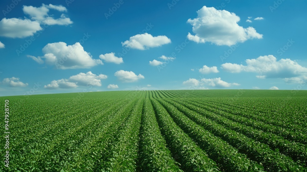 Vast fields of soybeans growing in the sun, with rows stretching out to meet a bright blue sky dotted with a few clouds. Vast fields of soybeans growing in the sun, with rows stretching out to meet a bright blue sky dotted with a few clouds.