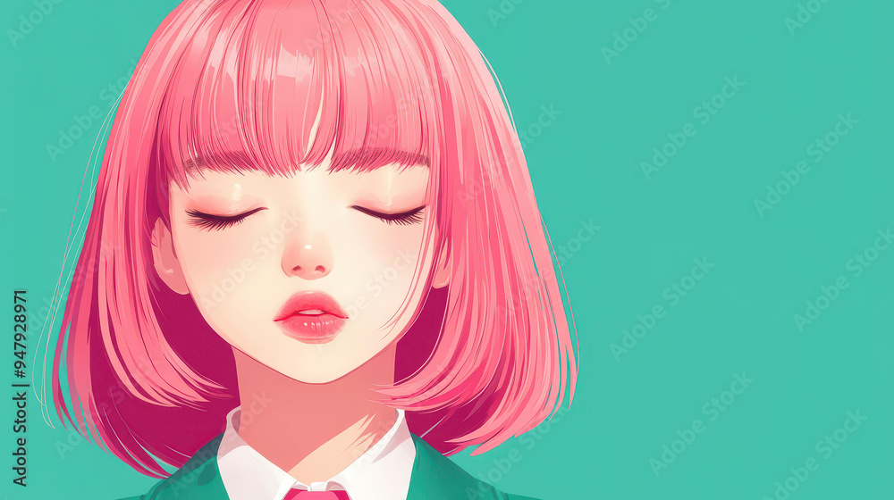 A trendy Asian girl with pink hair and closed eyes, dressed in a school uniform, brings a playful vibe to modern art. A trendy Asian girl with pink hair and closed eyes, dressed in a school uniform, brings a playful vibe to modern art.