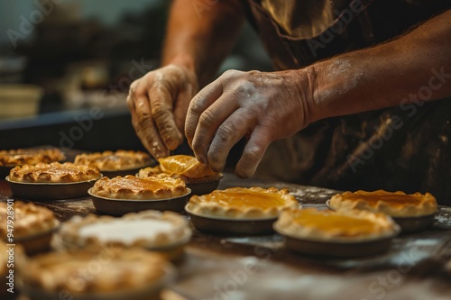 Close up of a baker carefully adding lemon filling to freshly baked australian pies in a bakery