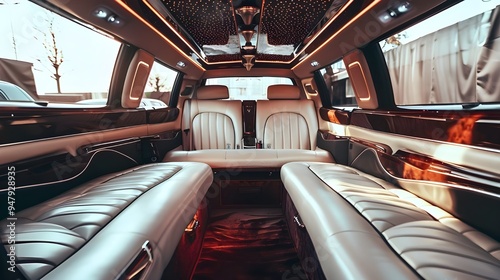 Luxurious and elegant long VIP limousine car interior, white deluxe leather seats with brown and black details, premium automobile indoors