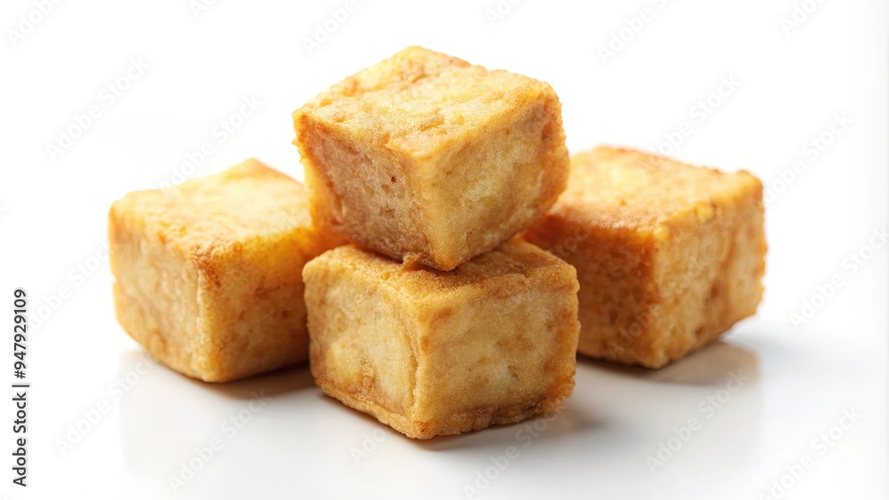Fried tofu cube isolated on white background, food, vegetarian, snack, tofu, fried, cube, crispy, Asian, protein, healthy Fried tofu cube isolated on white background, food, vegetarian, snack, tofu, fried, cube, crispy, Asian, protein, healthy