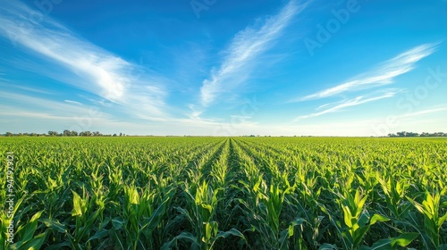 Wide shot of lush green cornfields stretching to the horizon, with a bright blue sky and a few wispy clouds overhead.