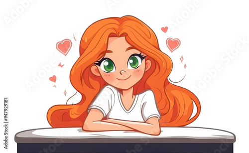 Relaxing cartoon girl with long ginger hair and green eyes, blissfully laid back on a massage table. photo